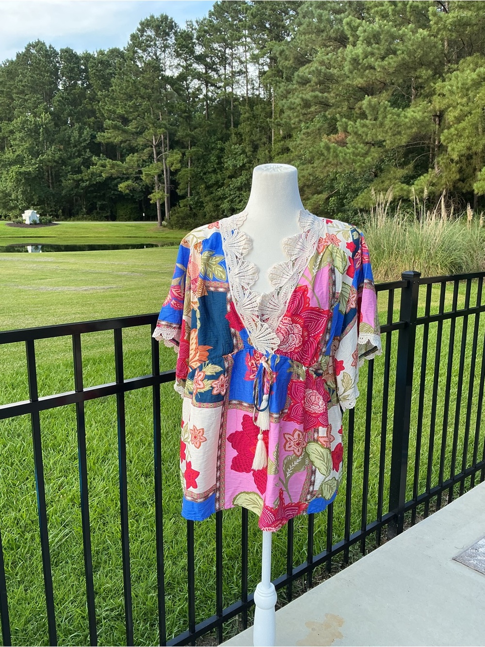 Umgee Multicolor Floral Patchwork Oversized V-Neck Tunic with Lace Trim